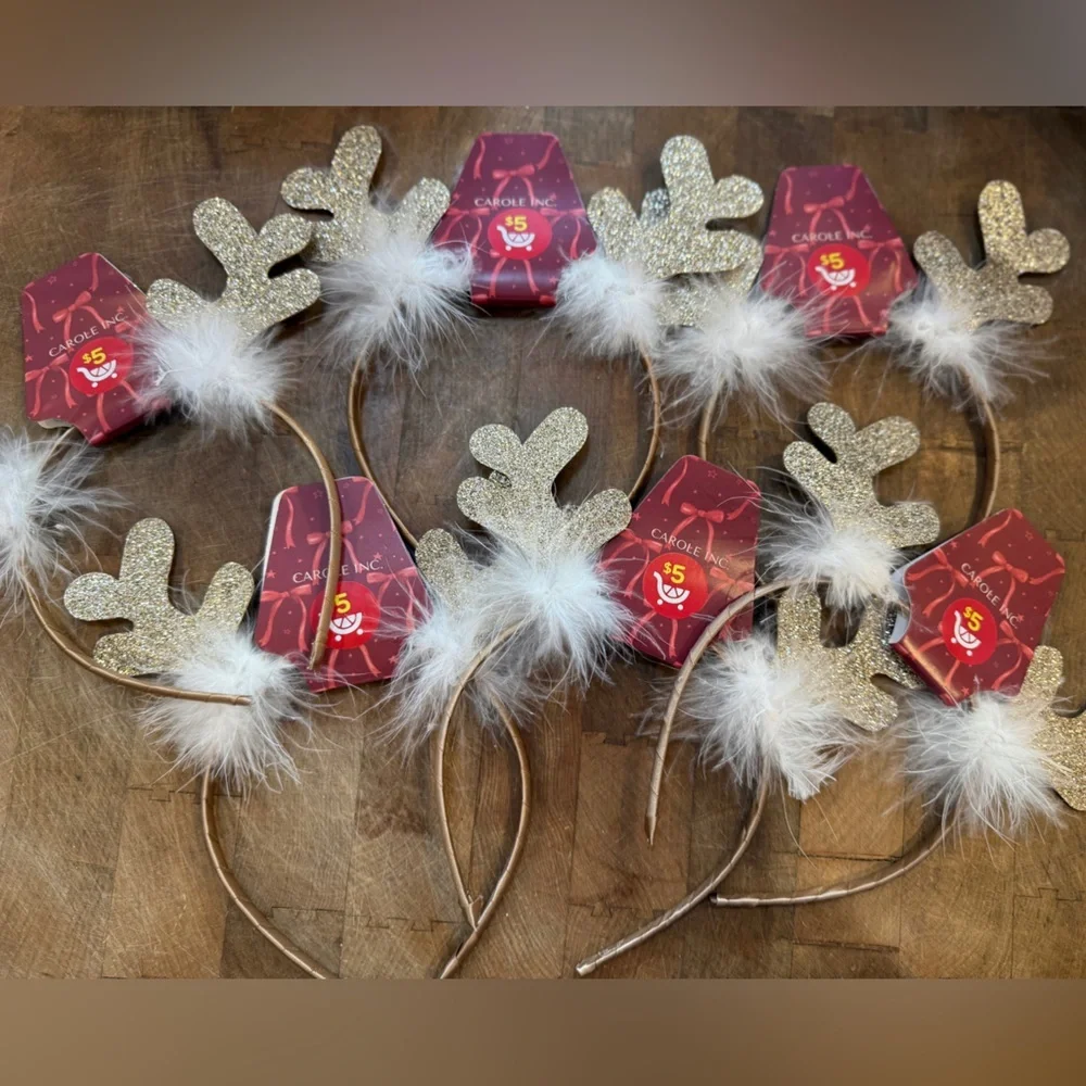 Gold Glitter Reindeer Headband White Feather Trim Christmas Holiday Set of 6